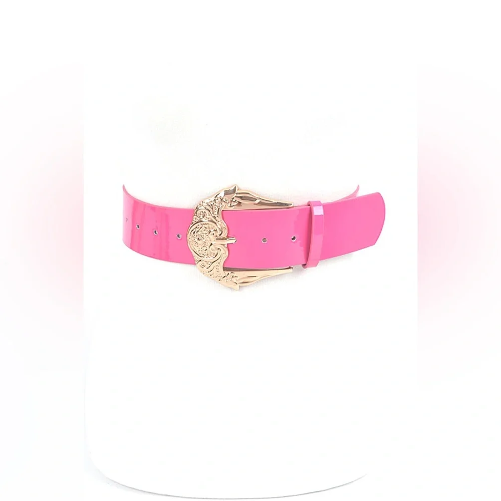 Chunky Gold Motif Embossed Patent Leather Statement Belt